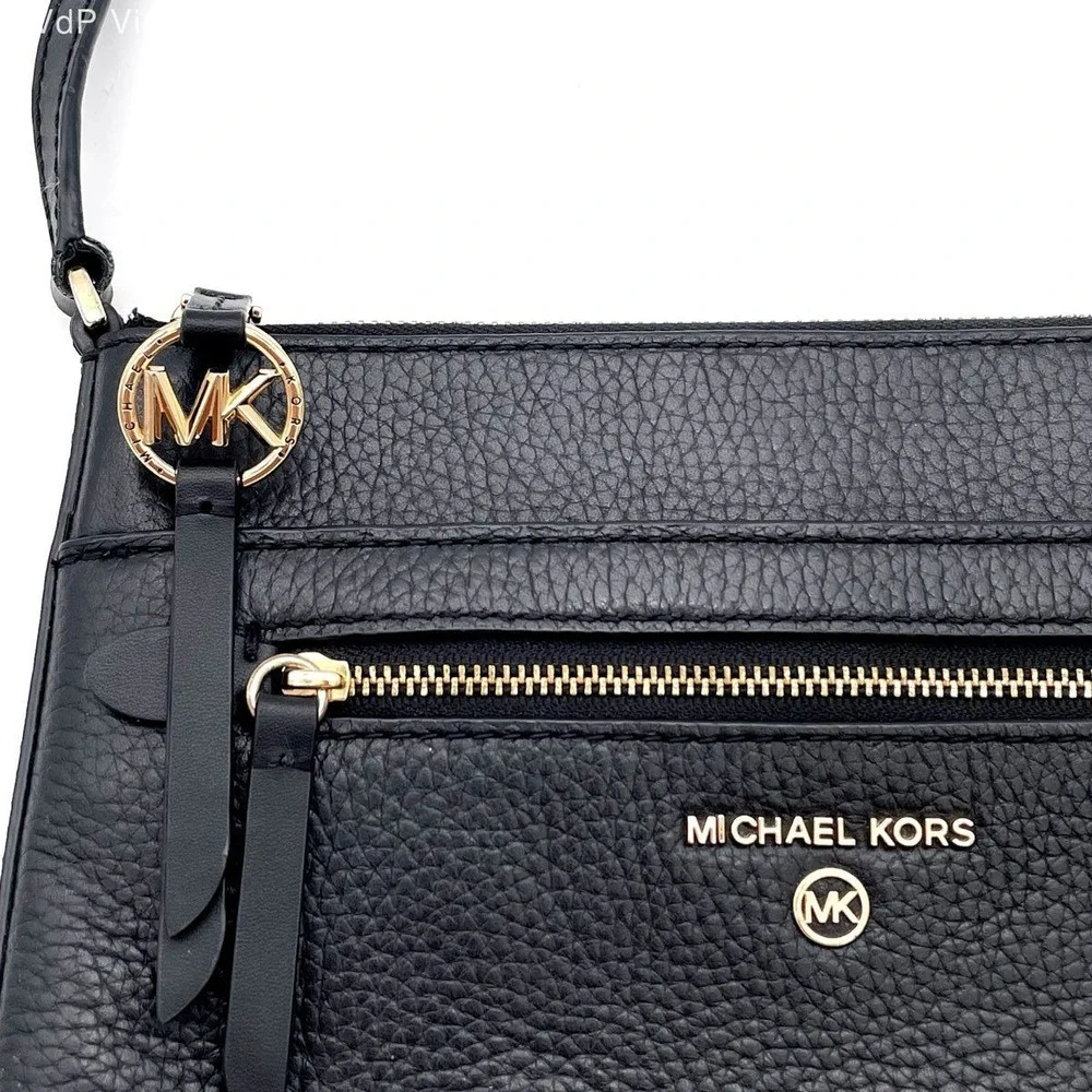 Michael Kors Black Pebbled Leather Jet Set Crossbody Bag Gold Hardware COA